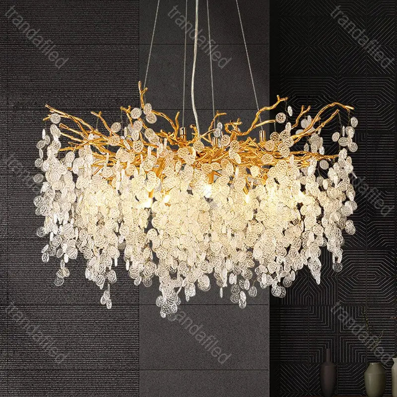 Lustră Aurie Sticlă tip Cristal L12-600 – Ø60cm cu Ramuri și Frunze Decorative Lux