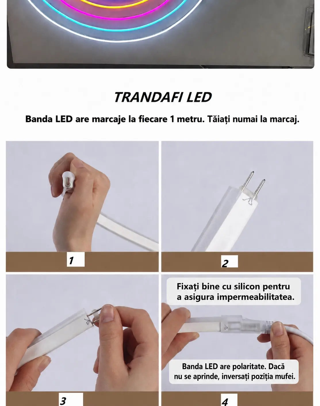 Instrucțiuni tăiere și conectare bandă LED neon 220V, ghid ilustrat în 4 pași