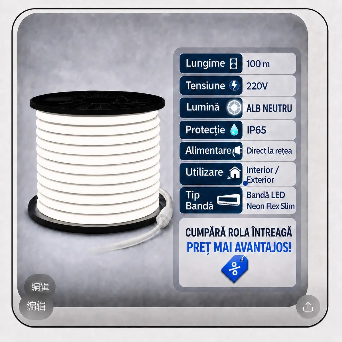 Rolă bandă LED neon 220V IP65 cu tabel specificații: lungime, tensiune, protecție, tip control