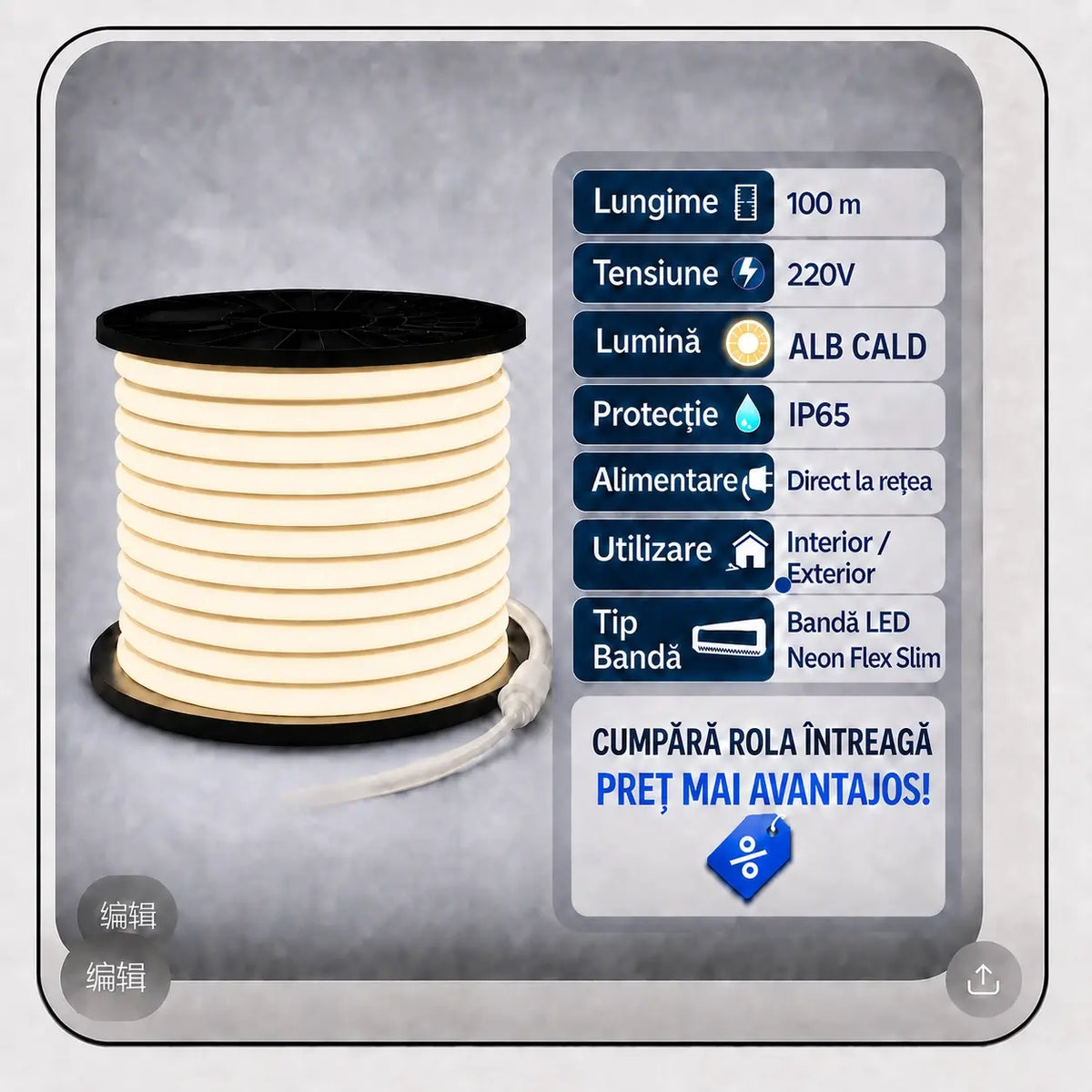 Rolă bandă LED neon 220V alb cald, IP65, cu tabel specificații: lungime, tensiune, protecție