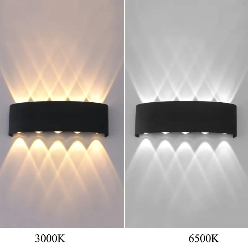 Aplică LED exterior 10W neagră – comparație lumină caldă 3000K și albă rece 6500K pe perete