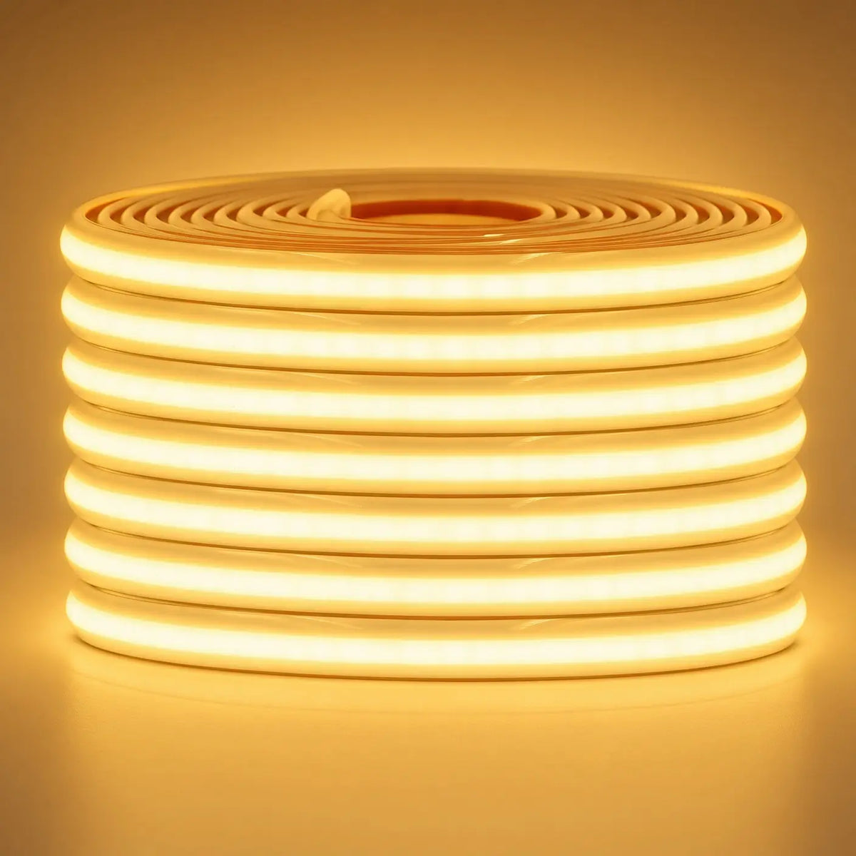 Bandă LED COB 100m aprinsă, lumină alb cald, aspect flexibil neon