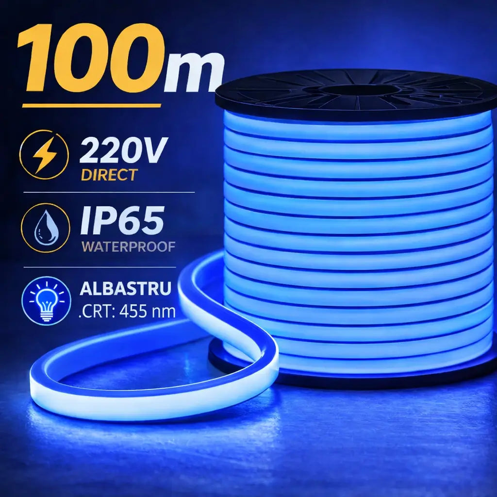 banda led neon flex 100m 220v ip65 albastru lumina continua