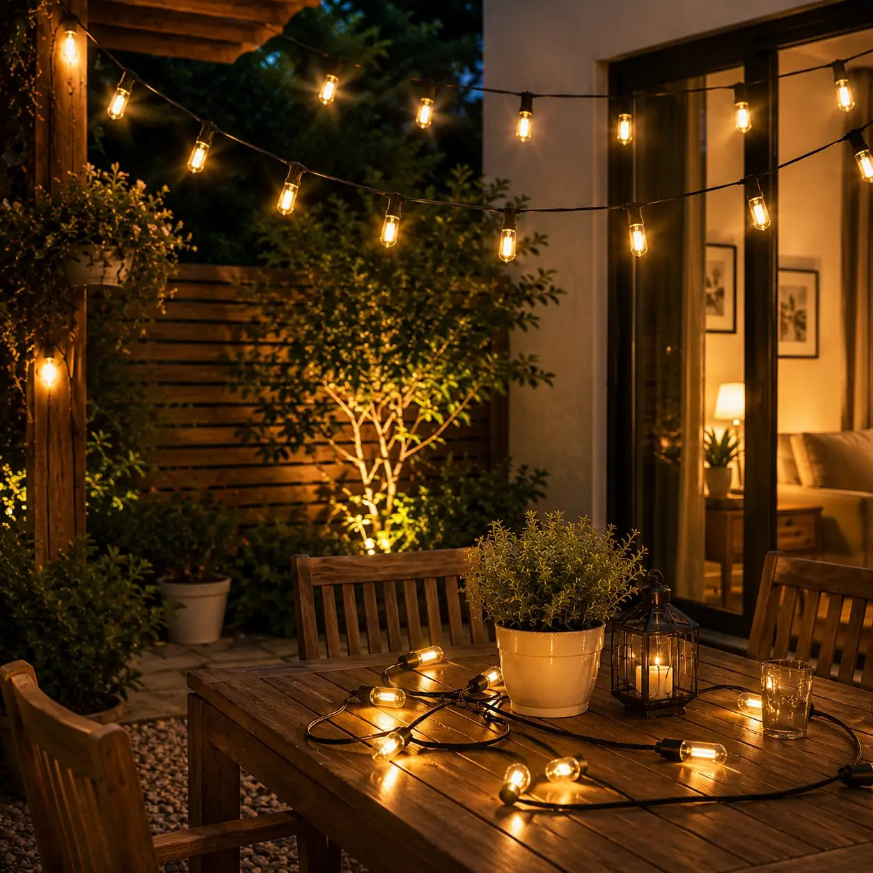 Ghirlandă luminoasă exterior 10m montată pe terasă din lemn – atmosferă caldă vintage seară