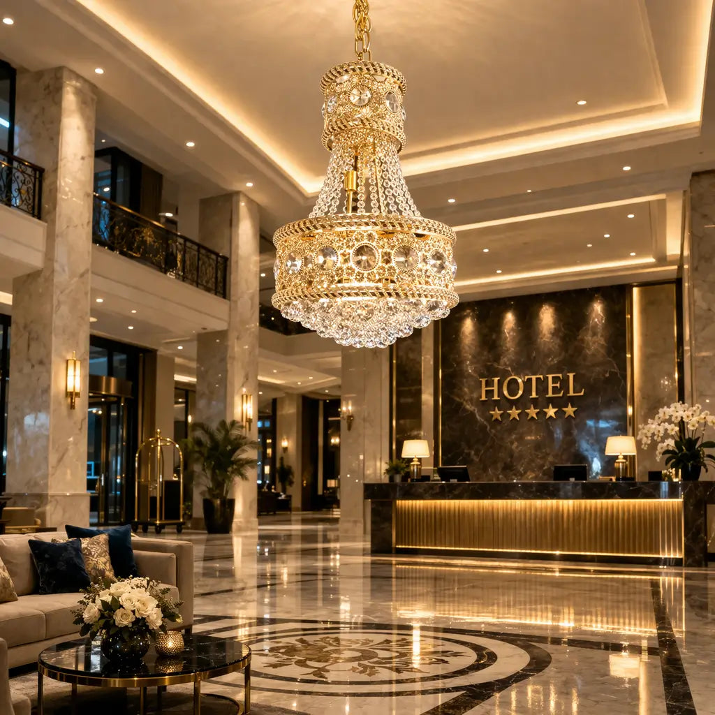 lustra aurie clasica montata in lobby hotel design elegant iluminat decorativ