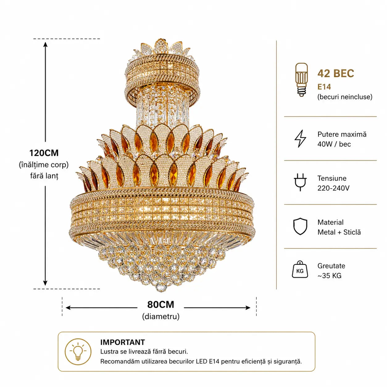 Dimensiuni lustră aurie: înălțime 120cm, diametru 80cm, 42 becuri E14