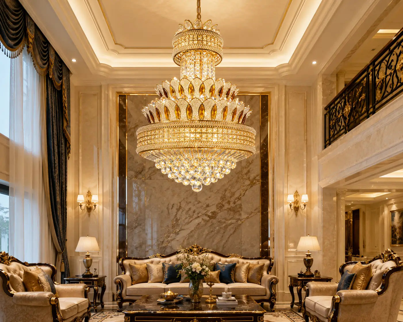 Lustră aurie cu fațete ambră montată într-un living elegant cu tavan înalt