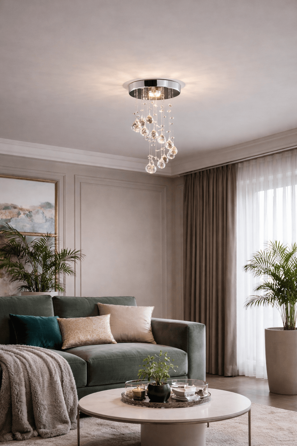 Lustra moderna cu cristale instalata in living, iluminat decorativ elegant pentru interior modern.