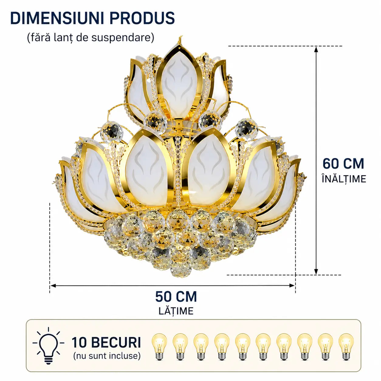 Dimensiuni lustră lotus sticlă K9 auriu – diametru 50cm, 10 becuri