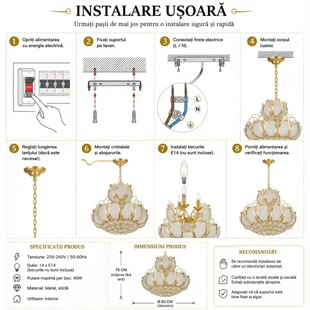 Ghid instalare lustră lotus sticlă K9 auriu pas cu pas, 14xE14