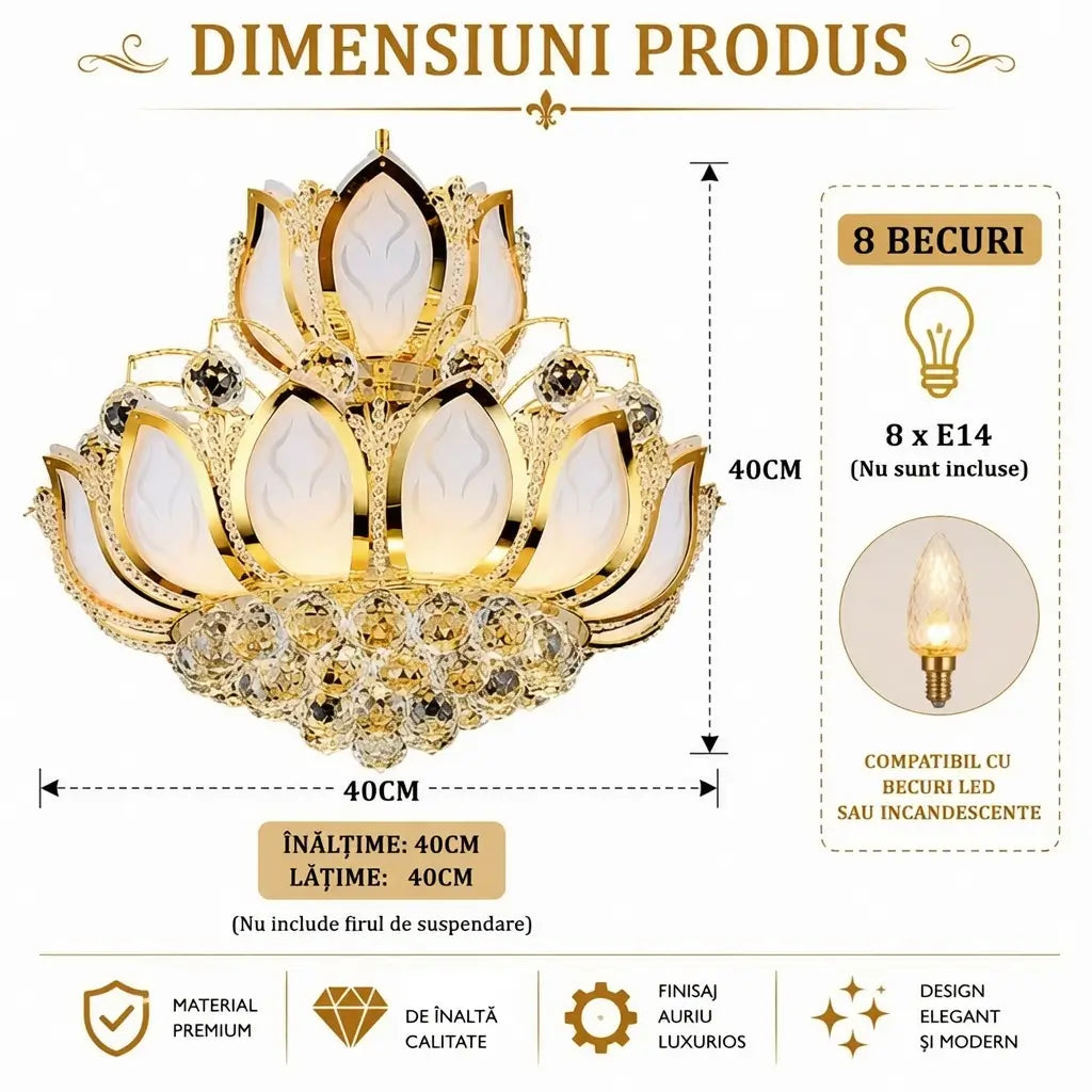 Dimensiuni lustră sticlă K9 auriu – diametru 40 cm, model 920-400FGD