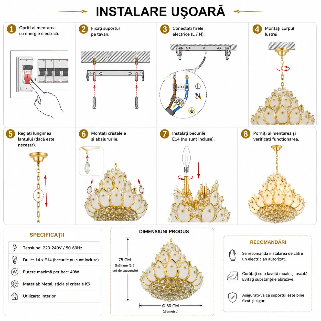 Ghid instalare lustră sticlă K9 auriu pas cu pas, dulie E14