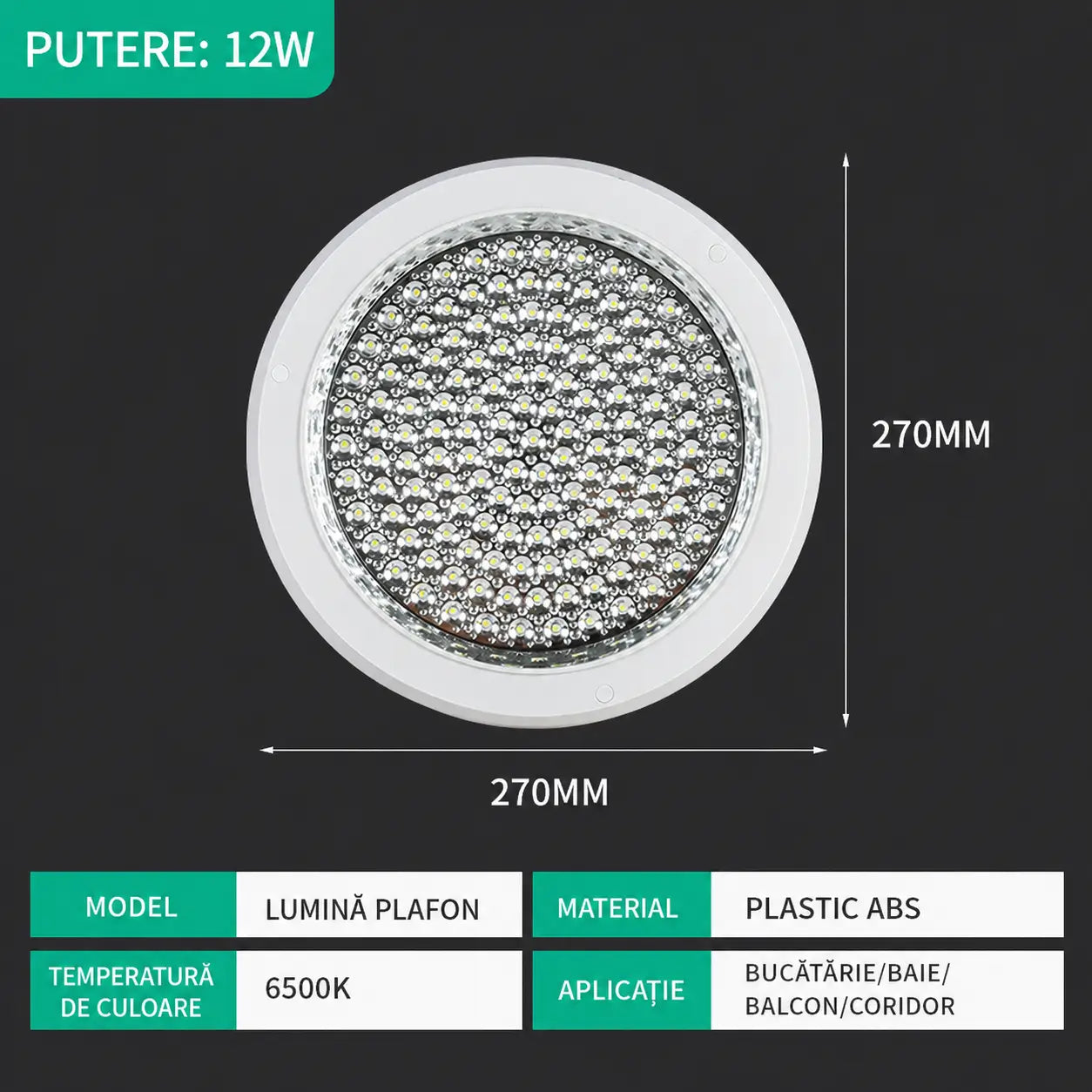 Specificatii plafoniera LED rotunda 12W 270mm pentru baie si bucatarie