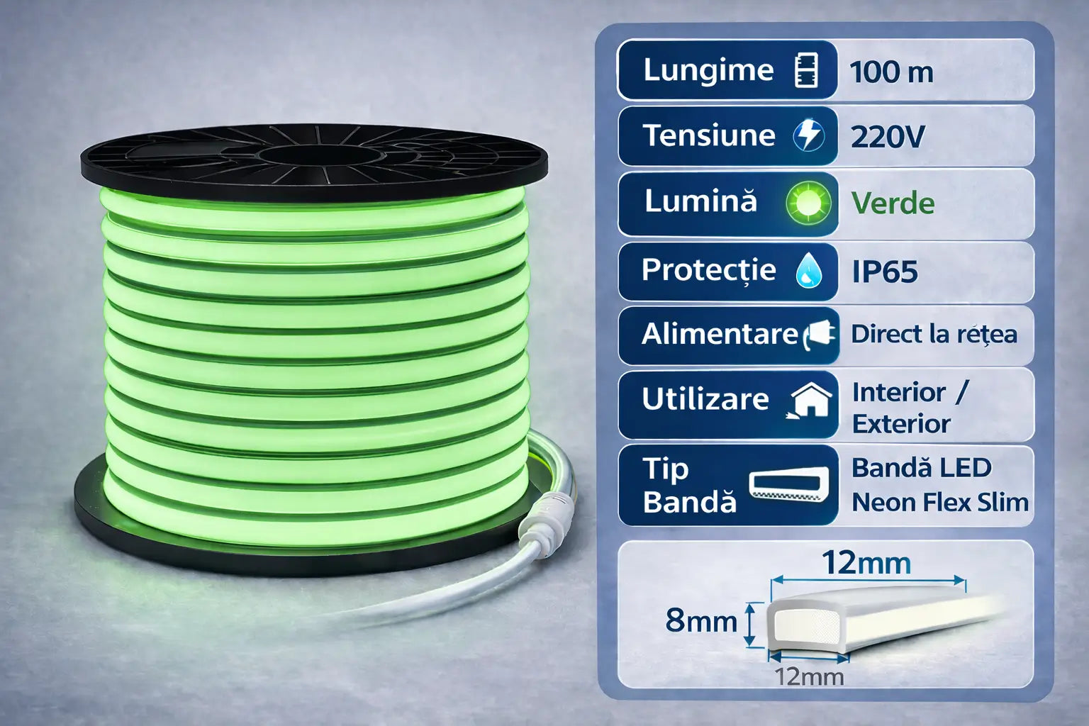specificatii banda led neon 220v 100m exterior ip65 verde
