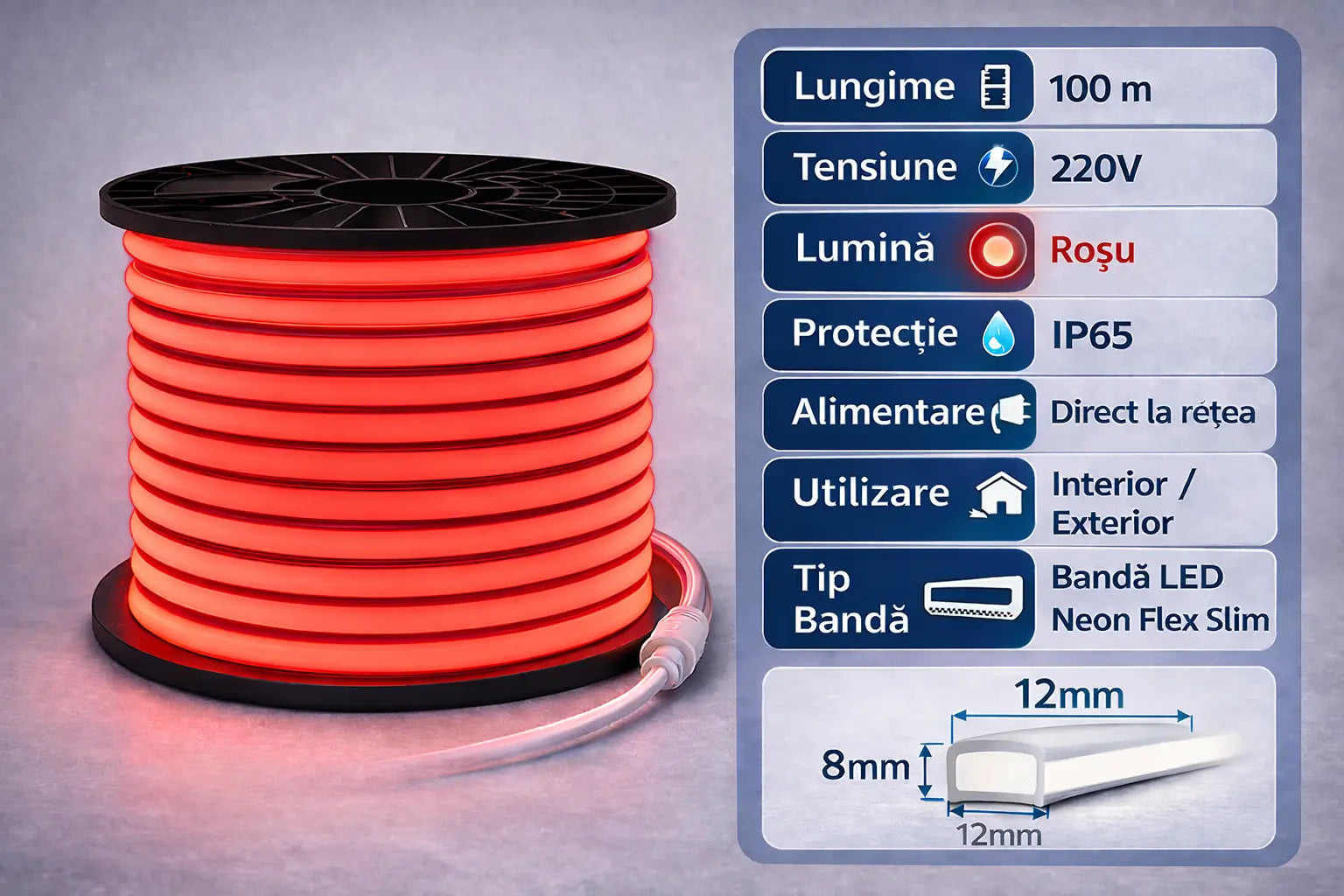 specificatii banda led neon 220v 100m exterior ip65 rosu