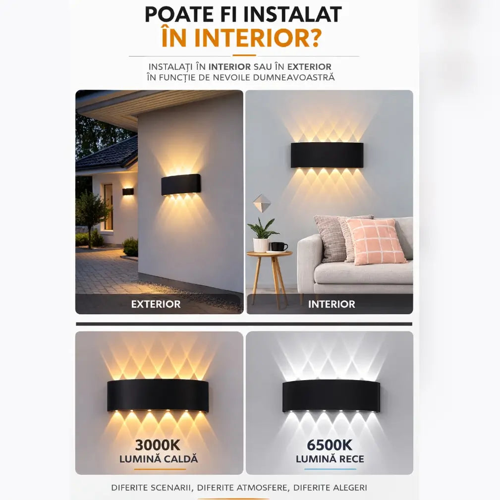 Aplică LED 10W IP65 montată pe perete interior și exterior – iluminat arhitectural sus jos