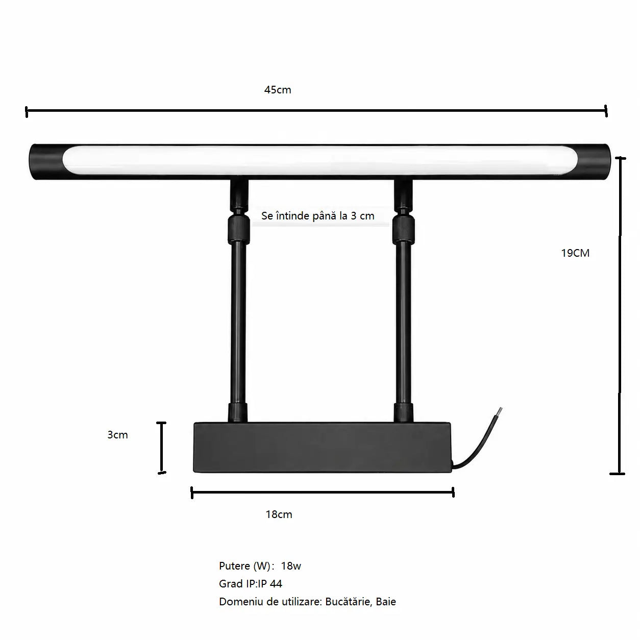 Dimensiuni aplica LED oglindă baie 40 cm iluminare modernă pentru oglindă
