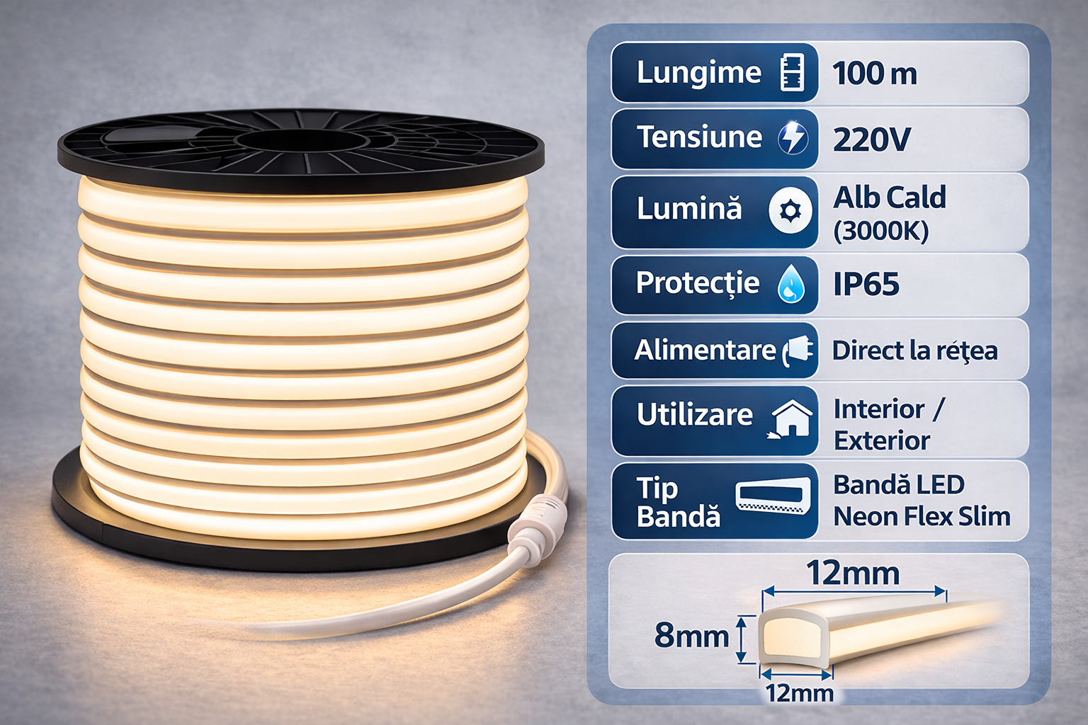 banda led neon flex 100m 220v ip65 alb cald lumina continua