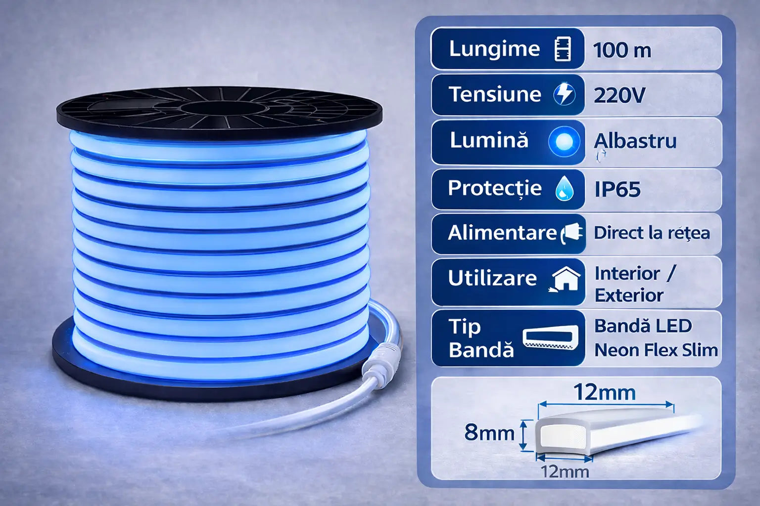 banda led neon flex 100m 220v ip65 albastru lumina continua