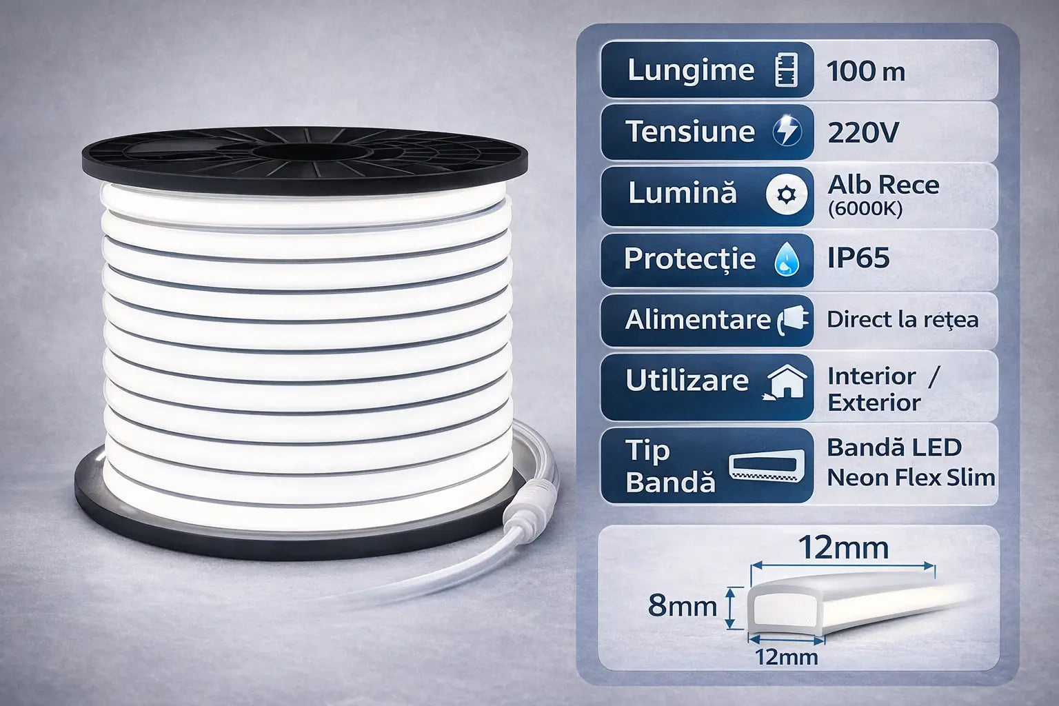 Specificații bandă LED Neon Flex 100m 220V alb rece IP65 lățime 12mm grosime 8mm