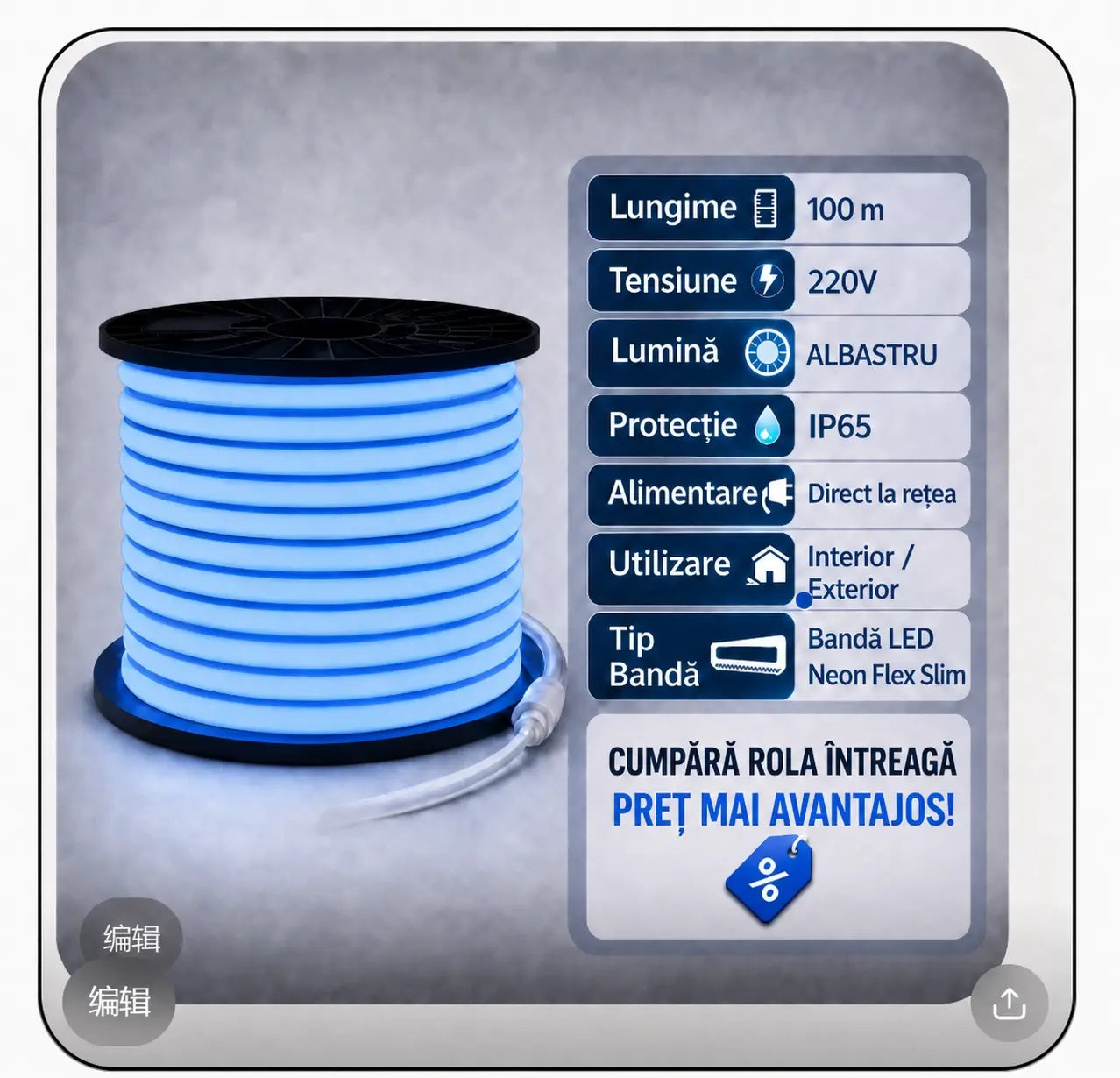 10m Bandă LED Neon Flex Slim 220V Albastru – Exterior IP65 - lustra led