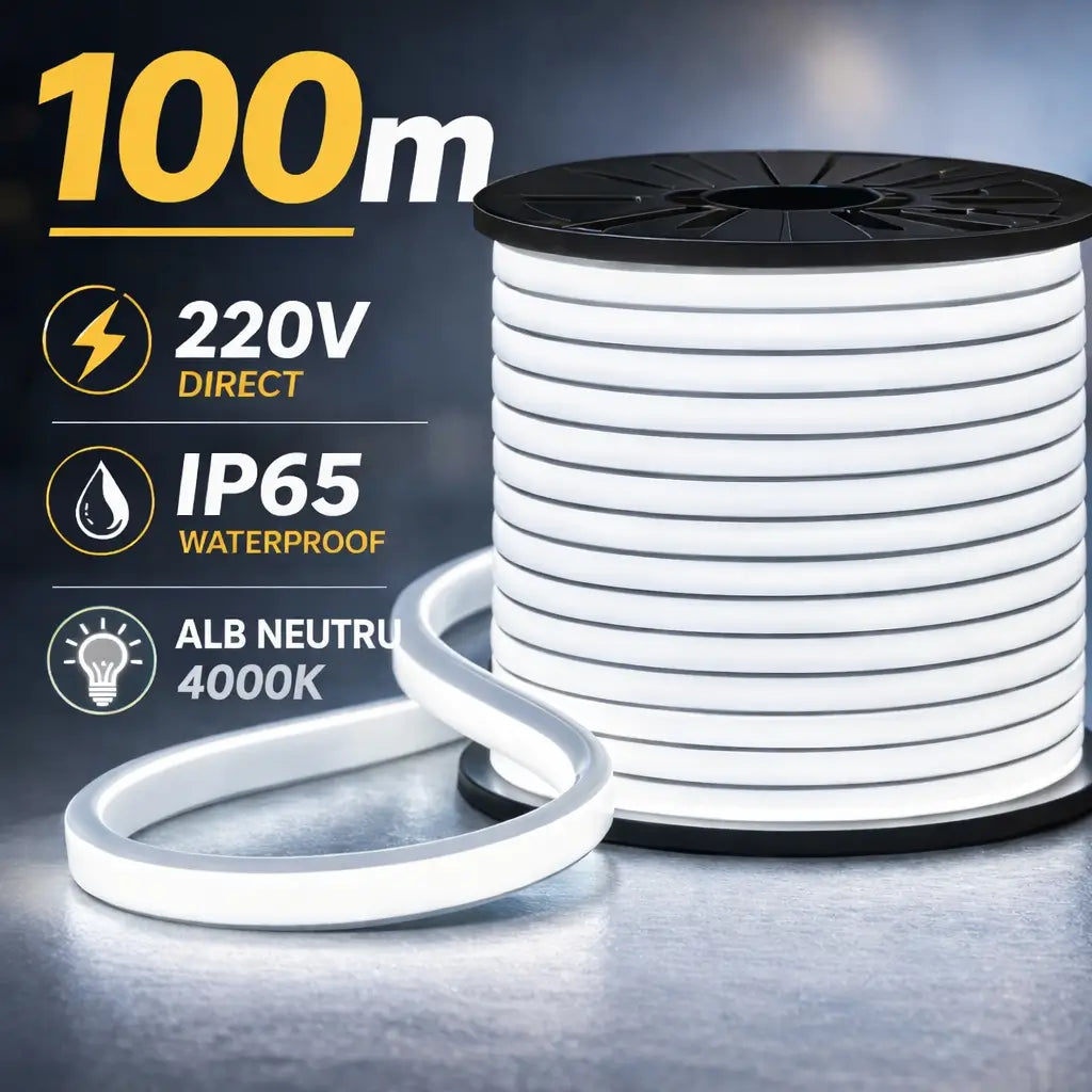 banda led neon flex 220v 100m 4000k lumina neutra iluminat exterior ip65