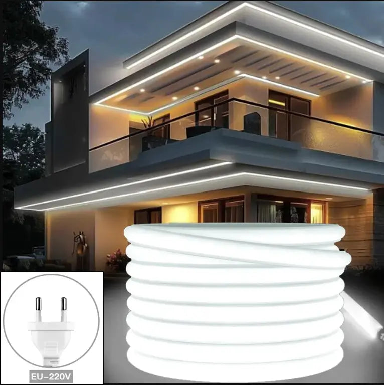 Bandă LED Neon Flex alb rece instalată pe terasă pentru iluminat exterior modern