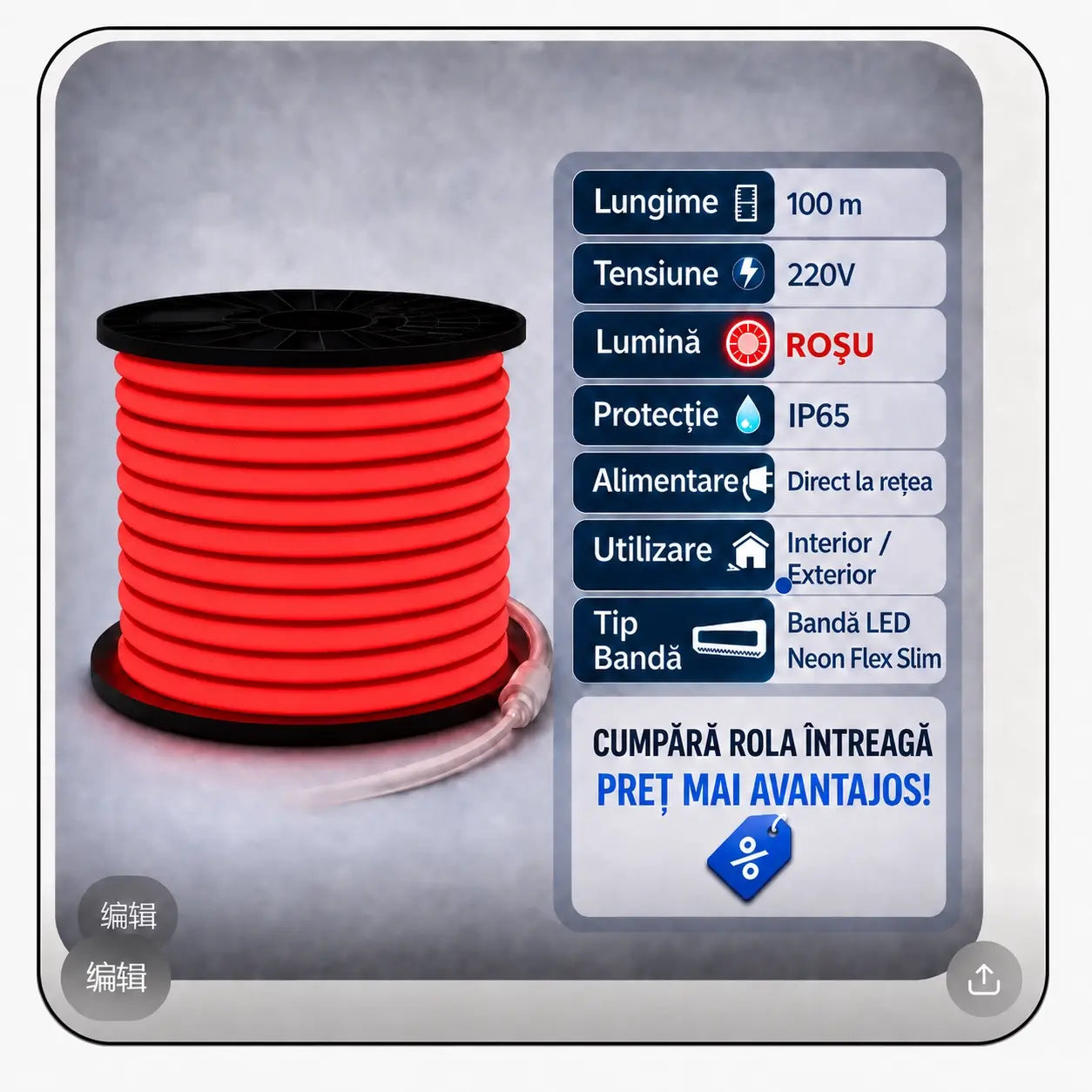 Bandă LED neon flex roșu 220V IP65 - specificații tehnice: lungime, tensiune, protecție, alimentare
