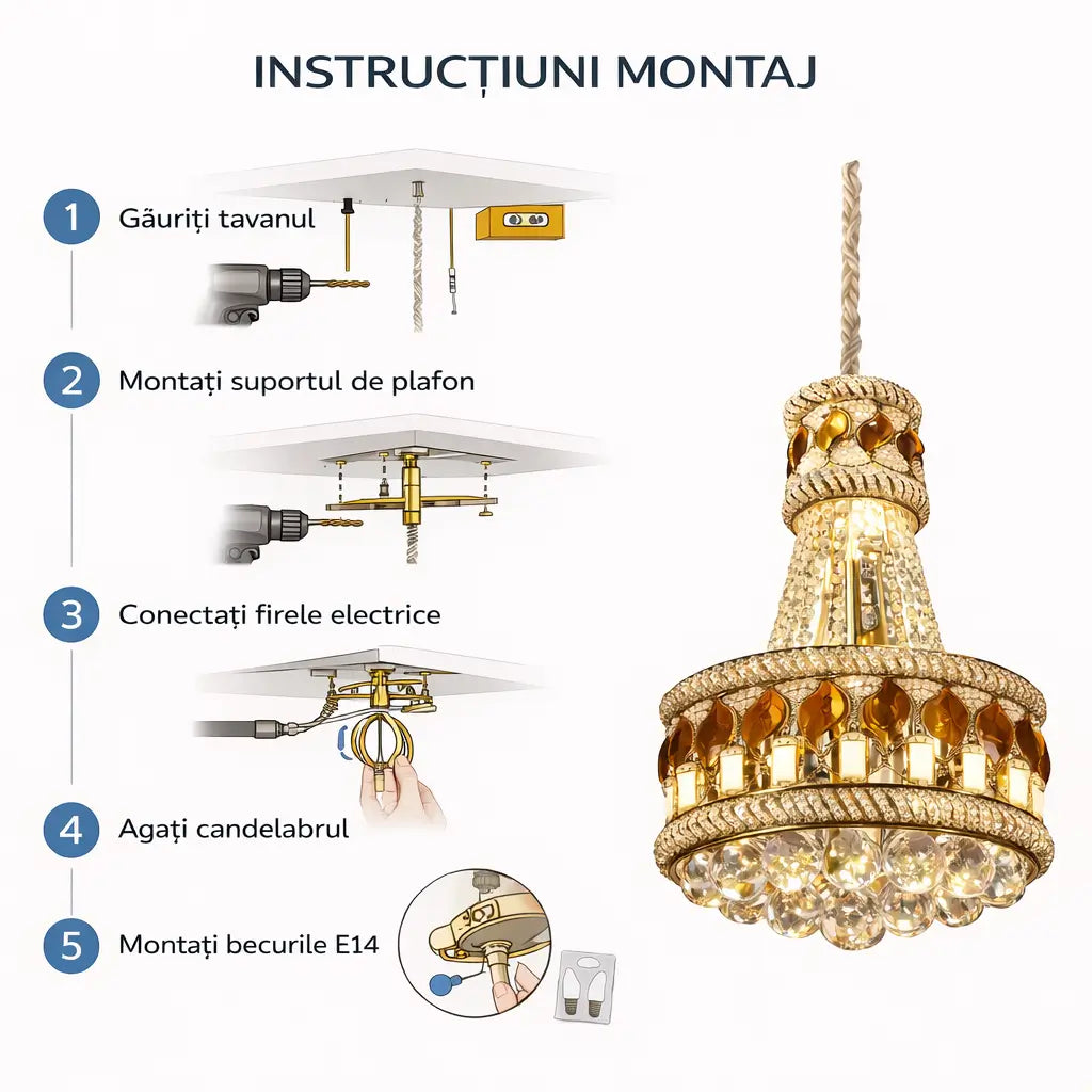 Diagramă instalare candelabru cristal cu suport tavan