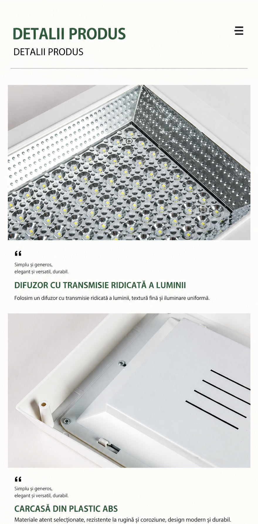Detalii plafoniera LED patrata cu difuzor transparent si iluminare uniforma