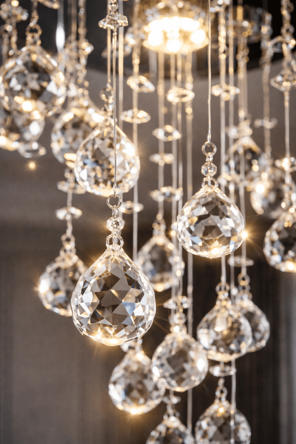 Detaliu cristale transparente lustra moderna cu reflexii elegante si design decorativ.