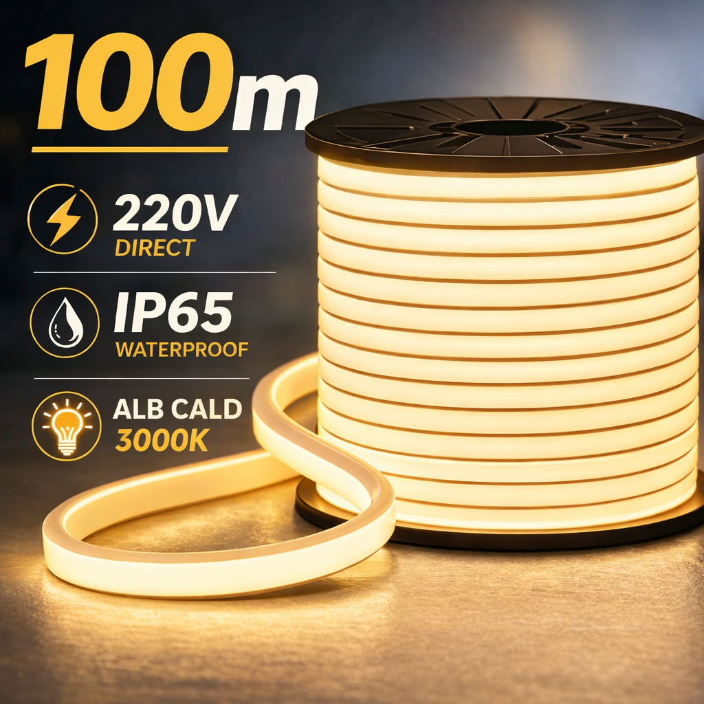 10m Bandă LED Neon Flex Slim 220V Alb Cald – Exterior IP65 - lustra led