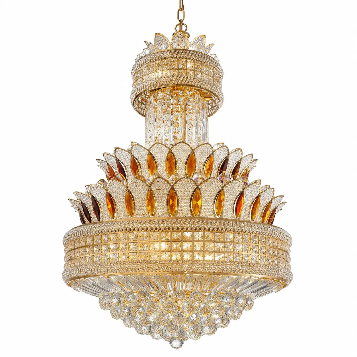 Lustră aurie design coroană cu fațete ambră, 3 niveluri, Ø60cm