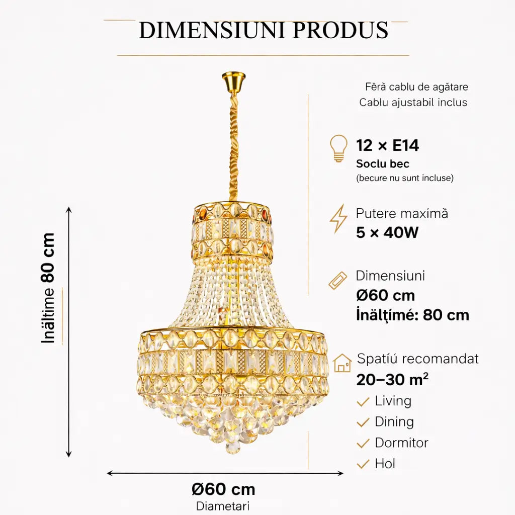 Dimensiuni lustra aurie soclu E14 diametru 60cm