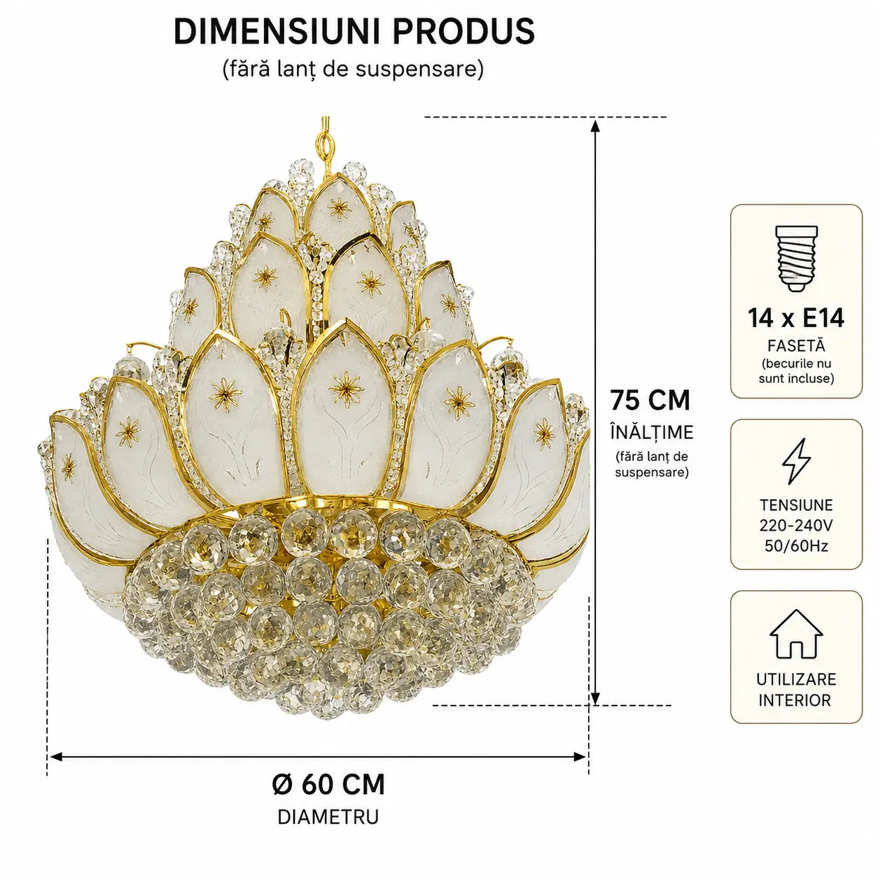 Dimensiuni lustră lotus sticlă K9 auriu – diametru 60cm, 14 becuri E14