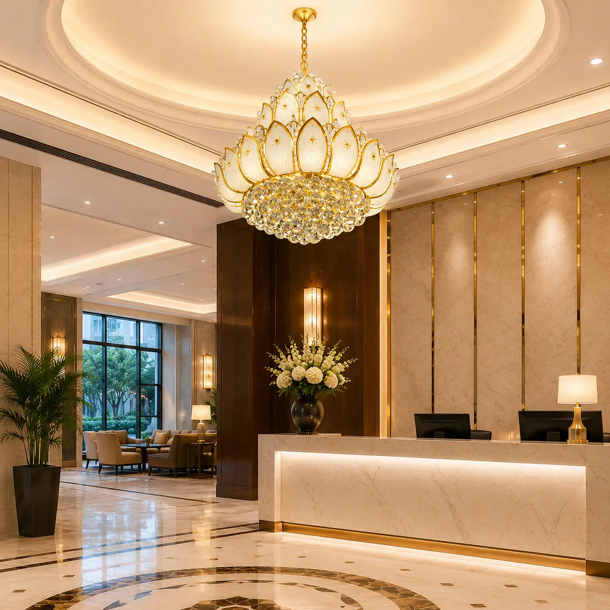 Lustră sticlă K9 auriu montată deasupra patului, decor dormitor elegant