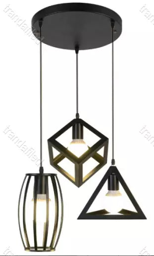 Lustră Pendul Vintage Retro, 3 Abajururi Geometrice, E27, Negru, Ø26cm - lustra led