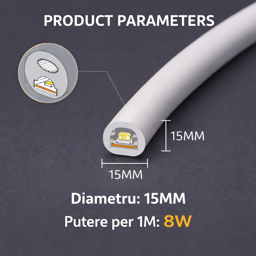 Parametri banda LED neon flex rotunda 360° diametru 15mm putere 8W pe metru