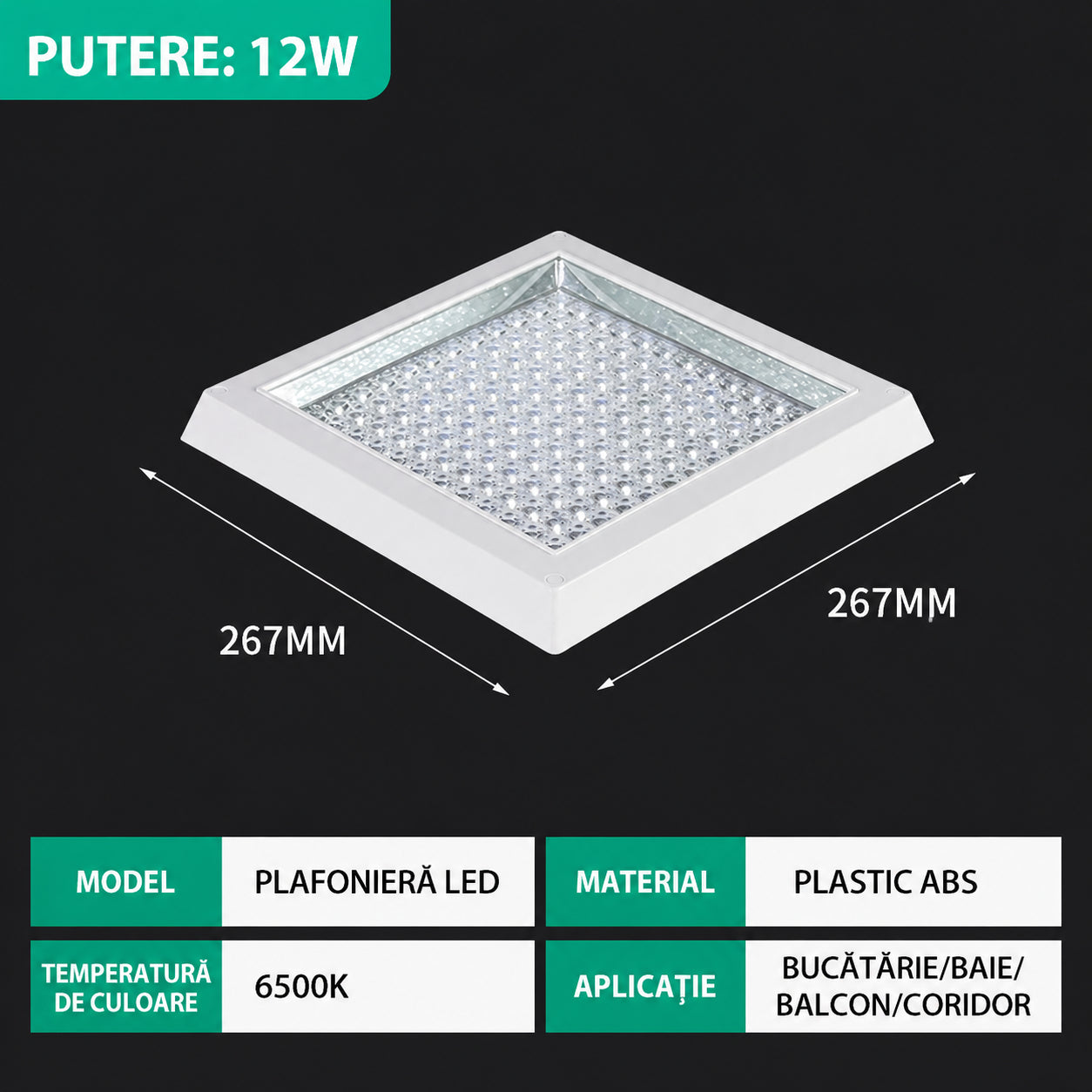 Plafoniera LED patrata 12W 267x267mm cu lumina alb rece pentru baie si bucatarie