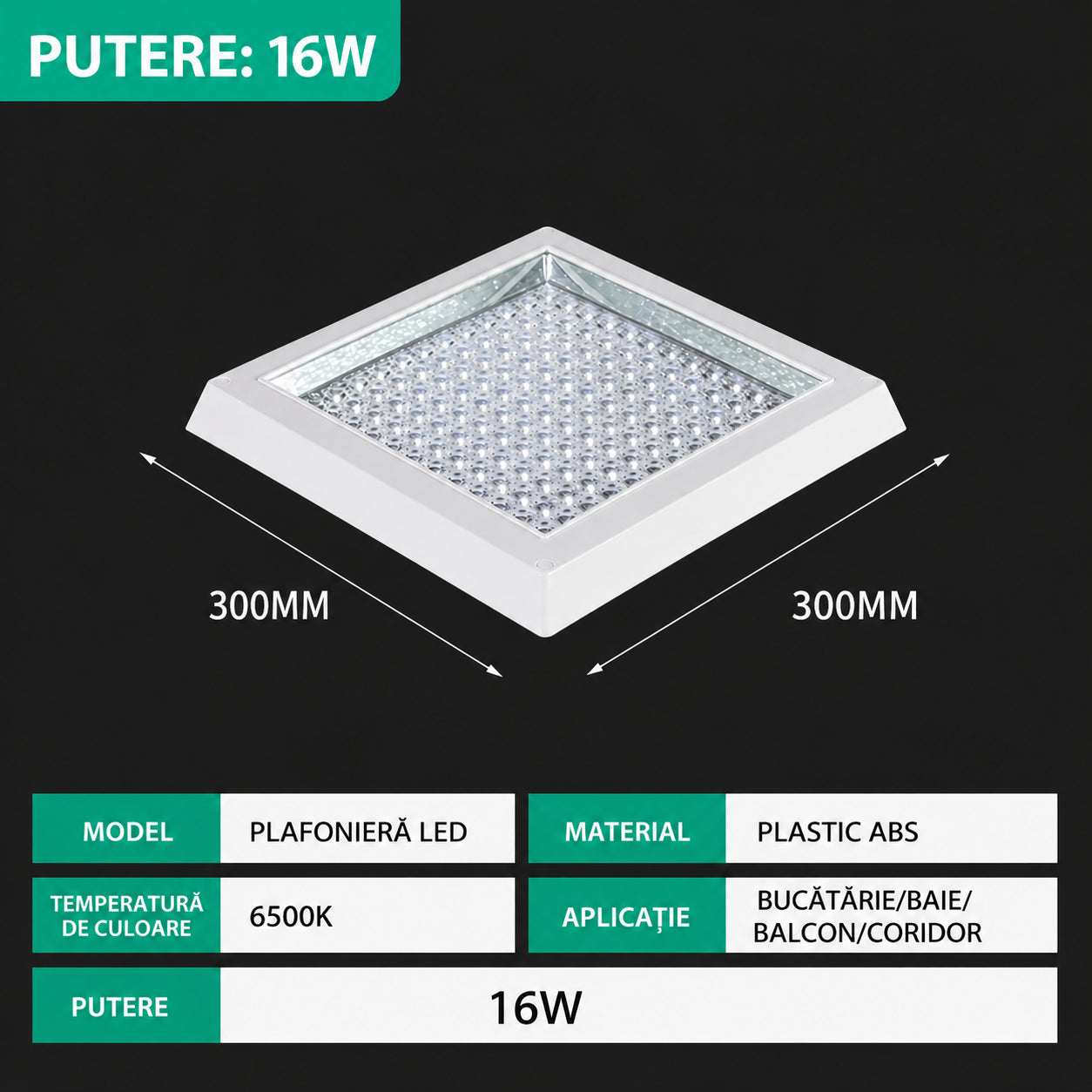 Plafoniera LED patrata 16W 300x300mm cu lumina alb rece pentru baie si bucatarie