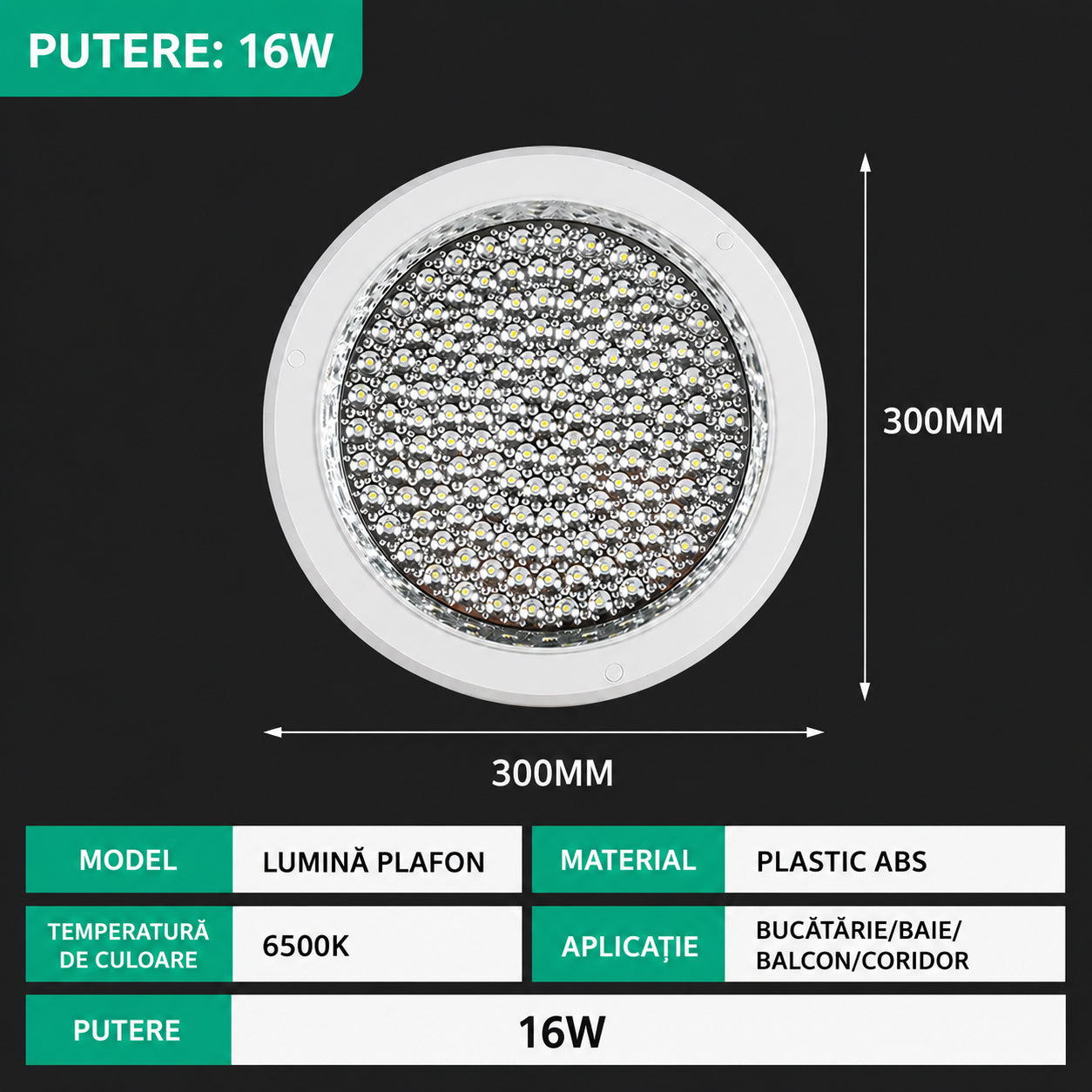 Plafoniera LED rotunda 16W 300mm cu lumina alb rece pentru baie si bucatarie