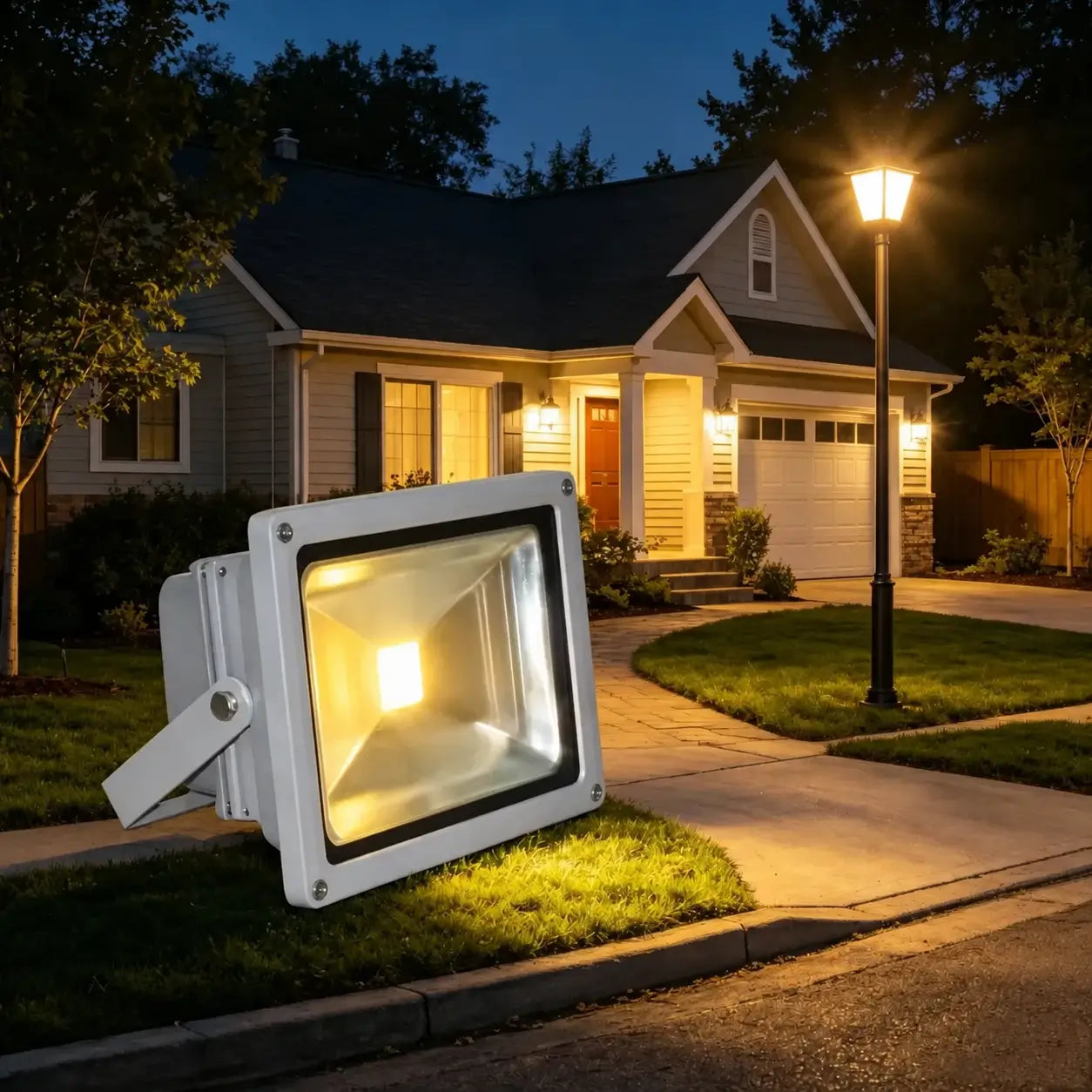 Proiector LED 150W instalat pe fațada casei, iluminat exterior pe timp de noapte