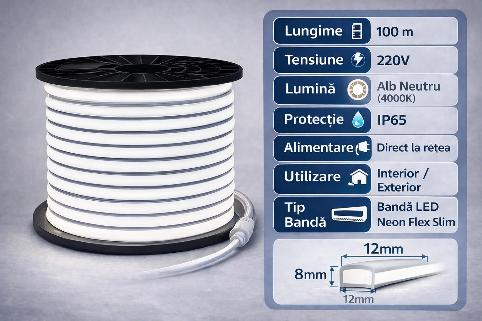 specificatii banda led neon 220v 100m ip65 lumina neutra 4000k